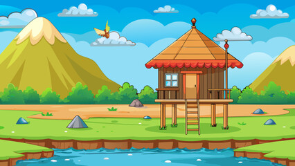hut on stilt near lake game cartoon vector illustration