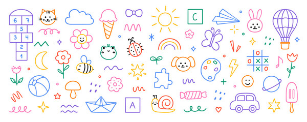 Cute kids elements, preschool kindergarten doodle icons set. Daycare, children drawings, flower, rainbow, cloud, sun, heart in sketch style. Hand drawn vector illustration isolated on white background