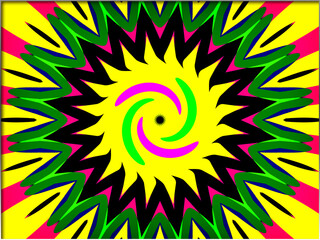 Abstract, A vibrant, psychedelic pattern features a starburst of green, black, and yellow with a spiraling pink and green center, within a border