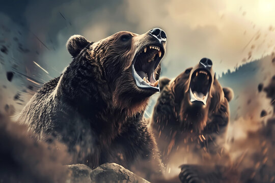 bears fighting: Intense Action Scene of fighting Brown Bears, Wild Animals Fighting