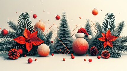 An art design for card, poster, cover, banner, or decoration, with elements of christmas tree, branch, circle, triangle, and Santa hat geometric shapes. - obrazy, fototapety, plakaty