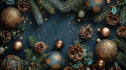 Modern illustration of a Christmas tree, bauble ball, crystal ball, holly spot on a dark background. This is a cover, poster, wallpaper illustration. - obrazy, fototapety, plakaty