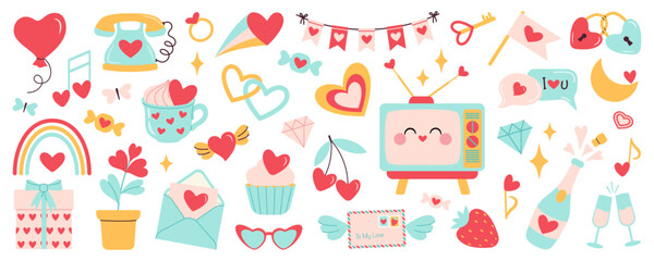 Valentines day elements set. Gift, heart, balloon, envelope, dessert, floral bouquet, candy and others traditional decorations. Trendy flat style wedding and love concept for stickers, greeting cards