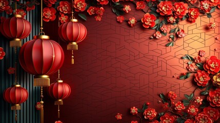 Modern background with golden coins, oriental lanterns and fireworks in geometric shapes in red. Oriental pattern for backdrops, cards, posters, and advertisements. - obrazy, fototapety, plakaty