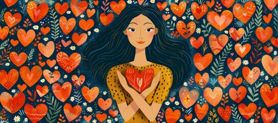 Modern banner design for International Women's Day. Hand drawn women character from diverse background making a heart shape hand gesture. Ideal for posters, campaigns, and social media. - obrazy, fototapety, plakaty