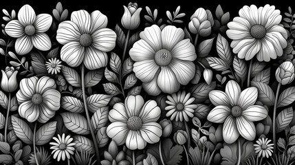 Background modern set of botanical doodles. Monochrome flowers and leaves for printing, wallpaper, clipart, and wall art. - obrazy, fototapety, plakaty