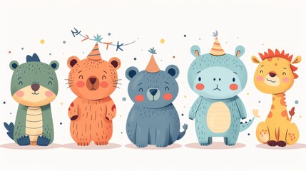 This collection of adorable animals includes a bear, rat, crocodile, rhinoceros, and lion. This is perfect for greeting cards, kids' activities, and education. - obrazy, fototapety, plakaty