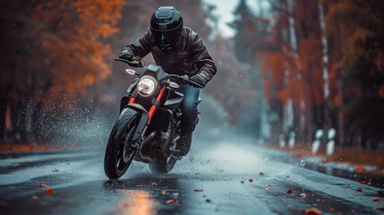 Motorcycle rider on the road in the autumn forest. The concept of extreme sports.
