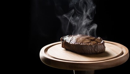 angus beef steak on wood dish with black background in studio light food concept generative ai