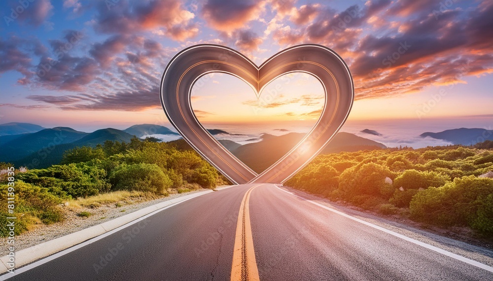 Wall mural beautiful sky in heart shaped road to love concept