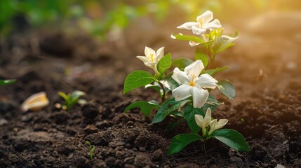 Night blooming jasmine or Shiuli blossoms in the soil