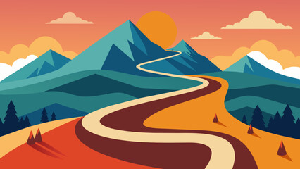winding road mountain background cartoon vector illustration
