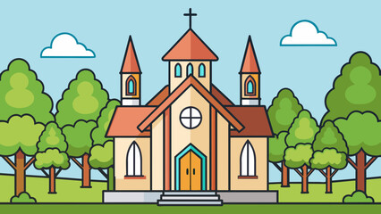 church and green trees cartoon vector illustration