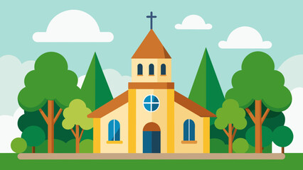 church and green trees cartoon vector illustration