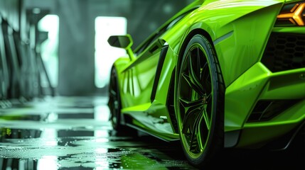 Bright green powerful car on a dark gray background. AI generative. - obrazy, fototapety, plakaty