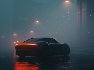 Mysterious Car with Glowing Headlights in Misty Night - obrazy, fototapety, plakaty