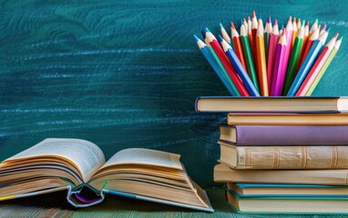 Stacked books, open book, and colored pencils against a green chalkboard.