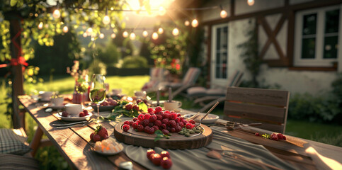 wooden table with raspberries and other fruits with brunch decorations in beautiful czech garden