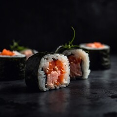 Plate of Sushi with Salmon and Avocado Rolls on a Dark Background
