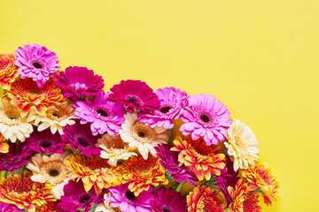 Bouquet of bright colorful gerberas on a bright yellow background. Copy space