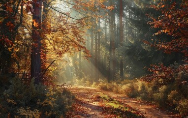 Sunlit forest path through misty woods with towering trees and scattered fall leaves.
