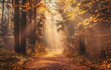 Sunlit forest path through misty woods with towering trees and scattered fall leaves.