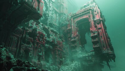 Illustrate a mesmerizing encounter of scifi robots in surreal ancient ruins from a worms-eye view, highlighting unique perspectives with voxel art techniques