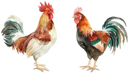 Fototapeta premium Rooster with a Red Crest and White Feathers alongside a Brown Rooster