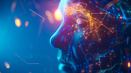 Neural Network Vision, Human Profile Illuminated by Dynamic Digital Connections and Light Particles in a Futuristic Interface