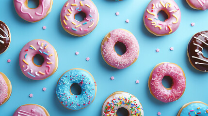 Donuts with sprinkles on a blue background, top view. Colorful card for carnival or birthday. Happy National Donut Day concept.
