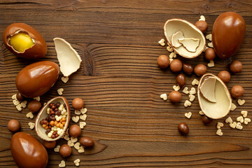 Assortment of chocolate sweets and eggs. Chocolate background