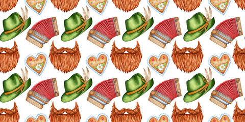 Oktoberfest pattern of watercolor illustrations with hat, beard, accordion, gingerbread. Harvest festival, beer festival. Compositions for posters, banners, flyers, design