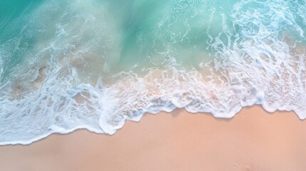 Close-up soft wave of the sea on the sandy beach. Beautiful sea waves with foam of blue and turquoise color isolated. Powerful ocean blue waves.