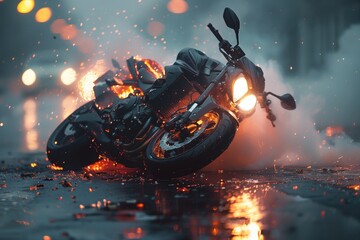 Broken motorcycle on the asphalt road in the rain. The concept of accident