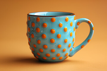 Pale turquoise ceramic mug with pastel orange polka dots on a pastel yellow surface, invoking a sense of joy and playfulness. Generative Ai.