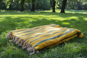 Pale yellow picnic blanket with pastel green stripes on a pastel purple lawn, evoking outdoor gatherings and relaxation. Generative Ai.