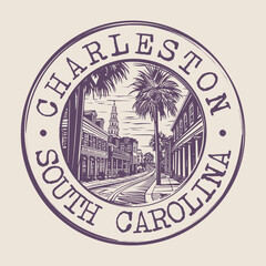 Obraz premium Charleston, South Carolina Stamp City Postmark. Silhouette Postal Passport. Round Vector Icon. Vintage Postage Design. 