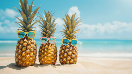 Family of funny attractive pineapples in stylish sunglasses on the sand against the turquoise sea