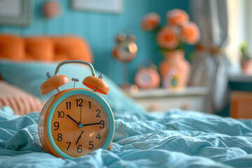 Soft pastel orange alarm clock on a pastel blue bedside table, signifying a peaceful wake-up call and the start of a new day. Generative Ai.