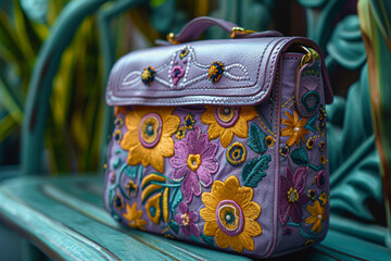 Soft pastel purple handbag with pastel yellow floral embroidery on a pastel green bench, showcasing style and sophistication. Generative Ai.