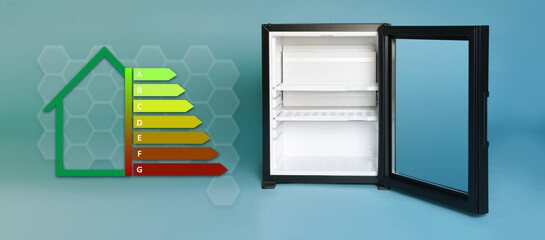 Energy efficiency rating label and refrigerator on gradient color background, banner design