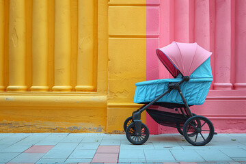 Pastel blue baby stroller with a pastel pink canopy on a pastel yellow sidewalk, representing parenthood and care for infants. Generative Ai.