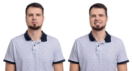 Man showing different emotions on white background, collage