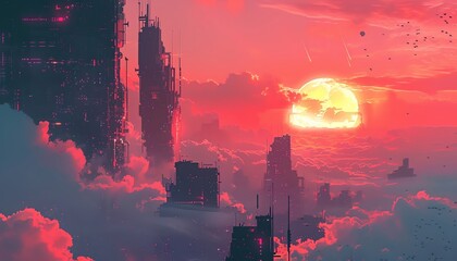 Infuse the unexpected with a mix of pixel art and distorted camera angles Illustrate a futuristic setting intertwined with psychological elements from a unique perspective