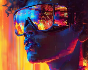 Infuse a pixel art representation of augmented reality glasses projecting subconscious desires, utilizing glitch art techniques to depict a surreal blend of technology and psychology