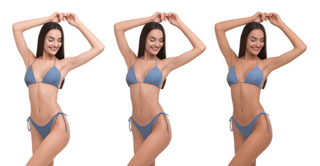 Solarium tan. Woman in bikini with different skin tones on white background, collage