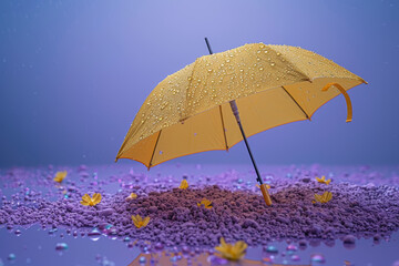 Pastel yellow umbrella with pastel blue raindrops on a pastel purple background, representing protection from the elements. Generative Ai.