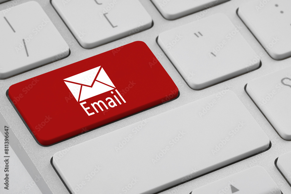 Poster red button with word email and illustration of envelope on keyboard, closeup