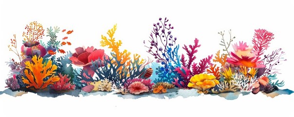 Fototapeta premium A beautiful watercolor of a vibrant coral reef teeming with diverse marine life, simple clipart isolated white background