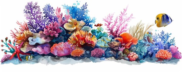 A beautiful watercolor of a vibrant coral reef teeming with diverse marine life, simple clipart isolated white background